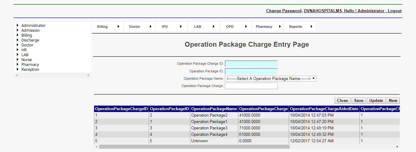 DVNA Hospital Management Software Operation Package Charge Entry Page